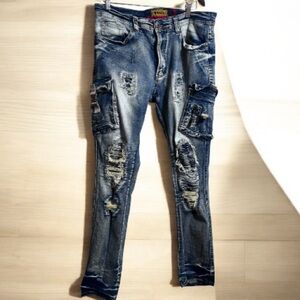 Makobi Denim Distressed Jeans Men's Sz 36x34 Destroyed Zipper Jeans